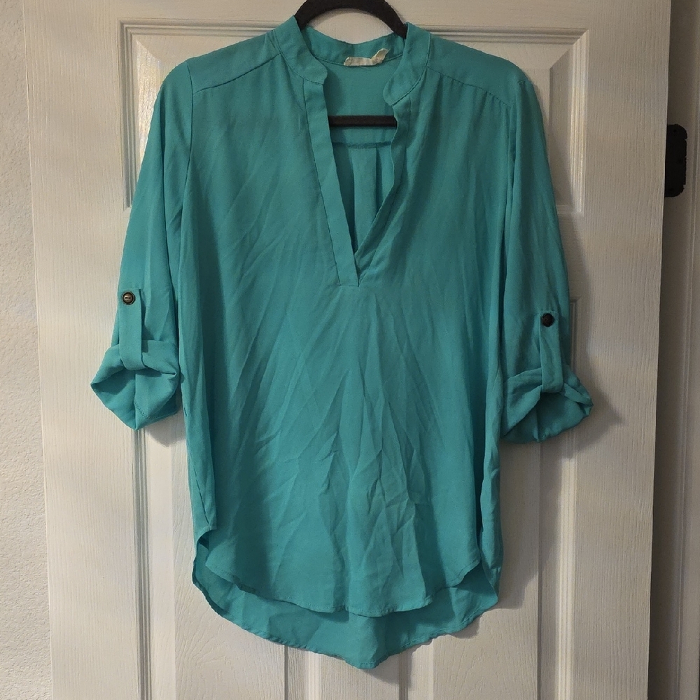 Lush Turquoise V-Neck Blouse
